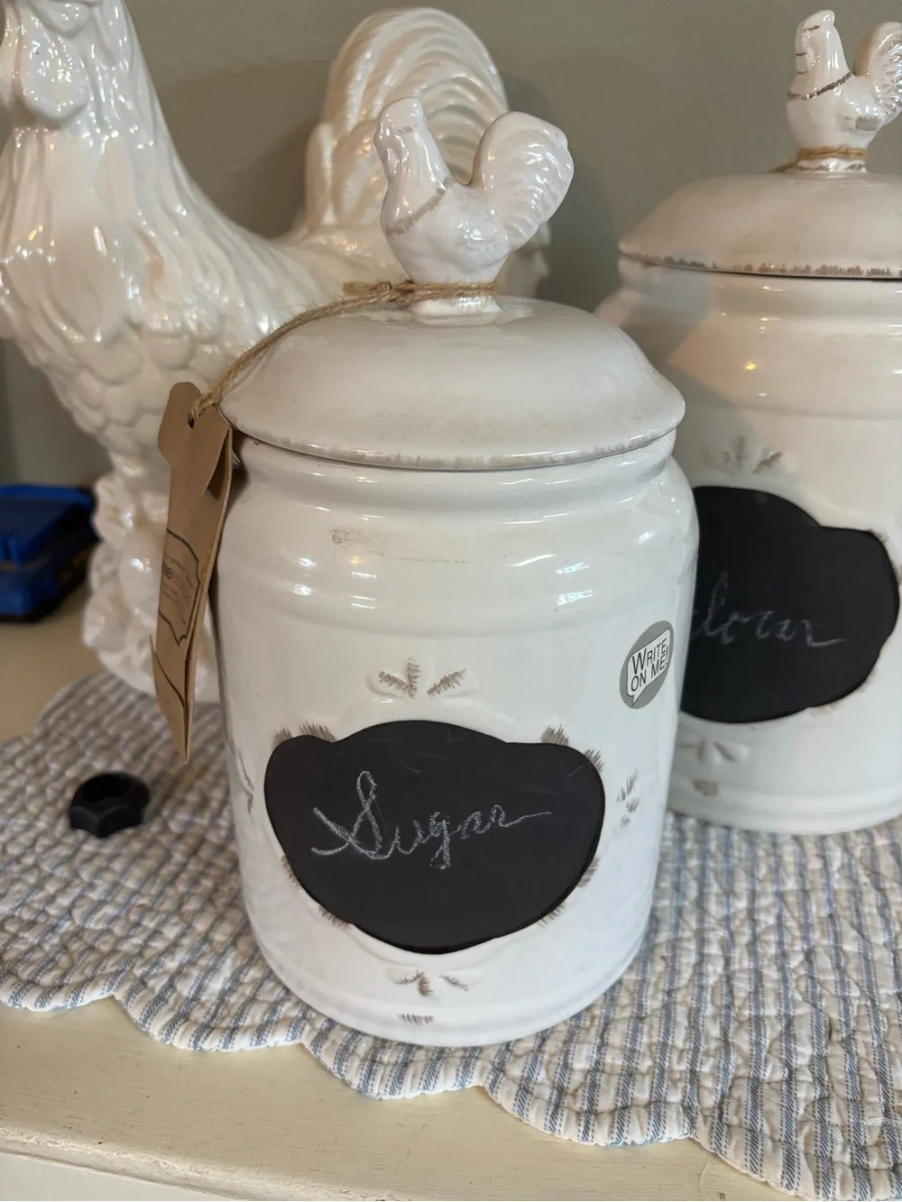 White Ceramic French CountryKitchen Canisters with Rooster Lid - White